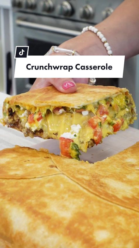 We haven't been able to pick up our jaws from how GOOD this Crunchwrap... | crunch wrap casserole | TikTok Crunch Wrap Supreme Recipe, Breakfast Crunchwrap, Crunch Wrap, Mexican Pizza, Beef Casserole Recipes, Mexican Cooking, Mexican Food Recipes Easy, Dumpling Recipe, Recipe Videos