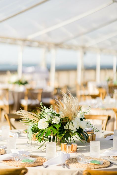 Tropical Centerpiece With Leaves and Pampas Grass Waterfront Wedding Ceremony, Grass Centerpiece, Watercolor Wedding Invitation Suite, Tropical Centerpieces, Greenery Wedding Decor, Greenery Centerpiece, Beach Wedding Reception, Wedding Planner App, Key West Wedding