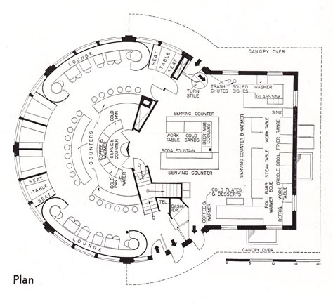 Red Circle Food Shop 1937 Circular Restaurant Design, Circular Restaurant Plan, Circular Cafe Plan, Circle Restaurant Plan, Circular Interior Design, Cafeteria Design Plan, Circular Bar Counter, Circle Bar Design, Cafe Design Plan