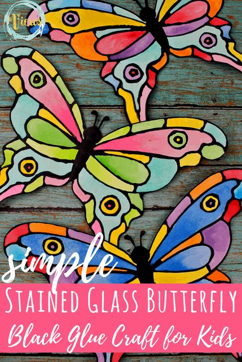 Butterfly Black Glue Craft for Kids - Toddlers Can Do This Too! Black Glue, Glue Craft, Trace A, Glue Art, Window Crafts, Butterfly Kids, Stained Glass Butterfly, Butterfly Crafts, Colorful Butterfly