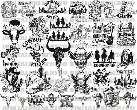 Punchy Graphic Design, Western Cricut Designs, Traditional Western Tattoo, Western Decals, Western Sleeve, Rodeo Svg, Deer Skull Tattoos, Cowboy Svg, Racing Tattoos