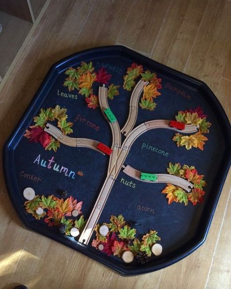 EYFS on Instagram: "Our autumn tray 🍂 Todays Tuff tray, is autumn themed! As it is the start of this season, I thought it would be lovely to incorporate this into our upcoming activities. In the tray I have imitated a tree using train track and scattered leaves along the ‘branches’. #counting #numbers #number #numberrecognition #matchingnumeraltoquantity #numerals #eyfs #eyfsideas #eyfsteacher #eyfsinspiration #numeracy #earlychildhoodeducation #earlyyears #earlyyearsideas #eyfsfun #tufftray Sensory Trays Eyfs, Train Track Tree, Autumn Activities Eyfs Babies, Autumn Counting Activities Eyfs, Autumn Activities Nursery, Autumn Tuff Tray Activities, Fall Eyfs Activities, Autumn Art Activities For Toddlers, Harvest Festival Tuff Tray