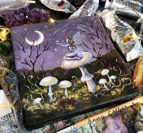 Whimsigoth Painting Ideas, Fairy Core Painting Ideas, Fairy Painting Aesthetic, Fairycore Painting Ideas, Fairycore Painting Ideas Easy, Fairytale Painting, Fairy Painting, Painting Ideas On Canvas Fairycore, Fairy Paintings