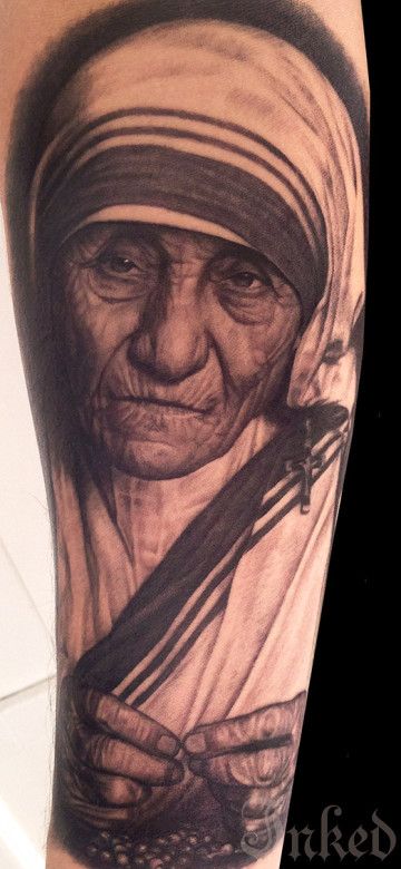 Pepper Spice | Inked Magazine Mother Teresa Tattoo, Patterns Tattoo, Mother Theresa Quotes, Family First Tattoo, Tattoo Patterns, Famous Portraits, Tattoo Pictures, Pepper Spice, Inked Magazine