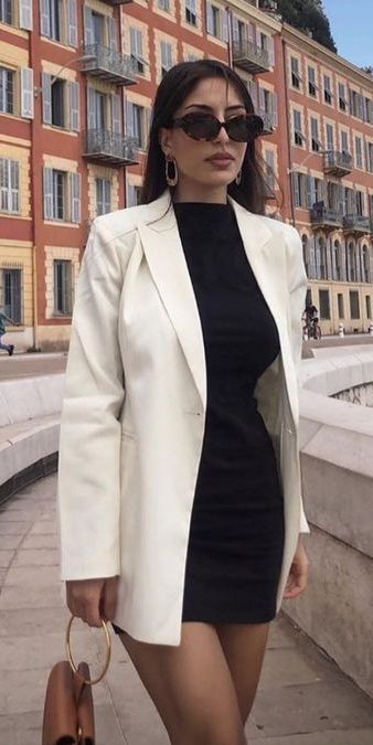 Dress With White Blazer, Dress With Blazer Outfit, Fashion Outfits Aesthetic, White Blazer Outfits, Formal Smart Casual, White Ootd, Black Bodycon Mini Dress, Outfits For College, Outfit Elegantes