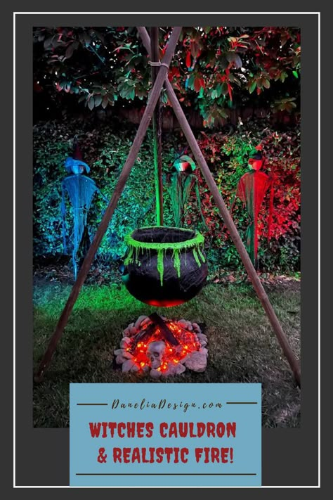 Halloween yard display of 3 witches, cauldron hanging from a wood tripod, and a fake burning embers fire Outdoor Halloween Witch, Witch Display, Witches Coven, Halloween Witch Cauldron, Fake Fire, Halloween Camping, Scary Halloween Decorations Diy, Halloween Diy Outdoor, Halloween Outside