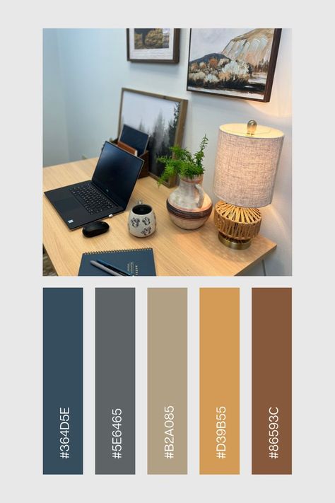 At Work Office Decor, Color Palette 2022, Coworking Desk, Small Office Decorating Ideas, Decorate My Office At Work, Masculine Office Decor, At Work Office, Masculine Color Palette, Color Palette Neutral