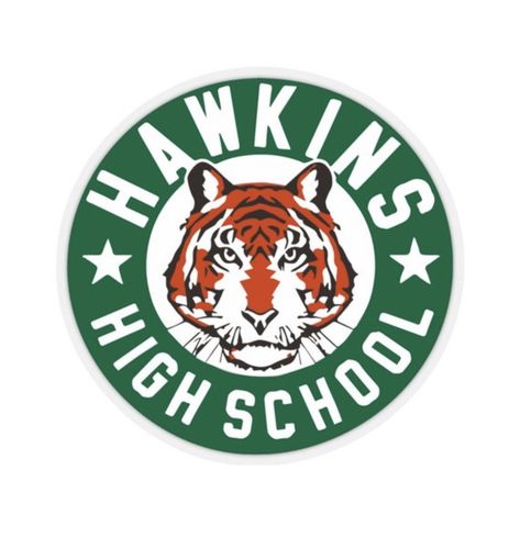 Hawkins High School Stranger Things, High School Stickers, Hawkins High School, High School Mascots, School Badges, Tiger Logo, Halloween Fonts, Spooky Designs, School Pride