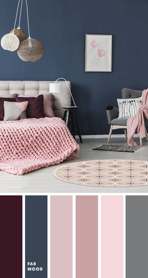 Beautiful bedroom color scheme : Purple + pink + Navy blue - Fabmood | Wedding Colors, Wedding Themes, Wedding color palettes Beautiful Bedroom Colors, Living Room Color Schemes, Bedroom Color, Room Color Schemes, Beautiful Bedroom, Bedroom Color Schemes, Room Color, Pink Bedroom, Blue Bedroom