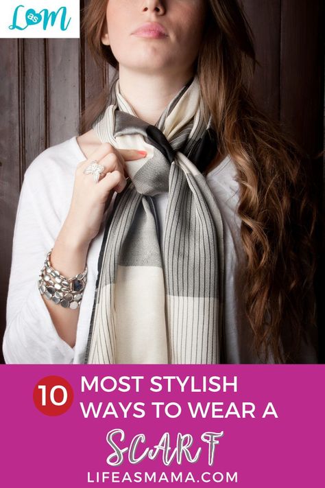 If there's one accessory I can't live without, it's a scarf. You can add a pashmina for evening wear, a wool tartan scarf for warmth, or a light fashion scarf for the hottest days. Here are more stylish ways to wear a scarf. #lifeasmama #scarf #wearscarf How To Wear Long Scarf Winter, How To Tie Winter Scarf, Casual One-size Scarf As Gift, Ways To Tie A Winter Scarf, Outfit With A Scarf, Casual Winter Scarf, One Size Fits Most, Arm Knitting Tutorial, Dress Up An Outfit, Square Blanket Scarf