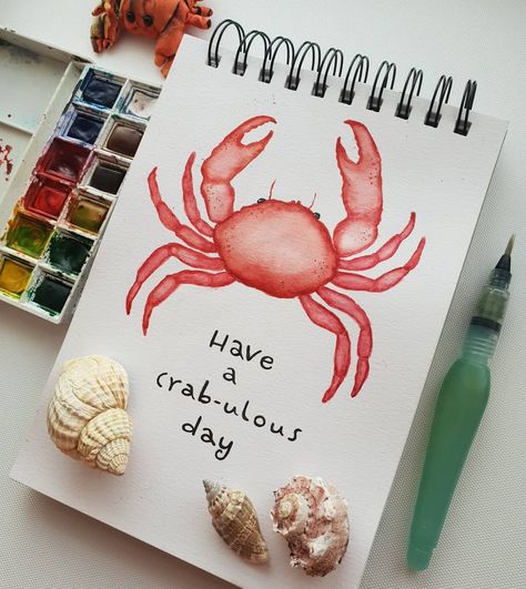 Crab Painting Acrylics Easy, Louisiana Watercolor Art, Cute Crab Drawings, Watercolour Crab, Ocean Wall Painting, Sea Journal, Crab Drawing, Water Colour Art, Crab Cartoon