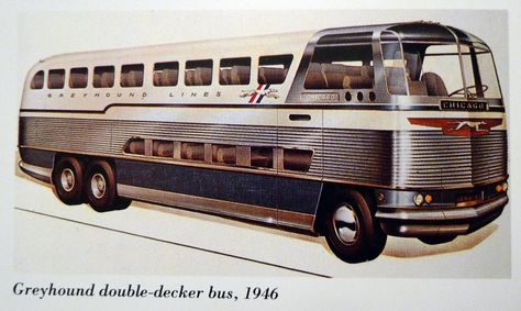 Prototype for a double-decker Greyhound bus by Raymond Loewy, 1946.  "Loewy was first approached by the Greyhound Corporation to redesign its logo. the company’s logo looked like a 'fat mongrel' he said. so, he created a slimmed-down version that is still used today. Later he developed the design for Greyhound’s Scenicruiser Motorcoach. He and his team built a full size mock-up complete with seats and a washroom."  w Raymond Loewy Design, Photocopy Machine, Classic Gmc, Raymond Loewy, Greyhound Bus, Road Train, Motor Coach, Double Decker Bus, Taxi Cab