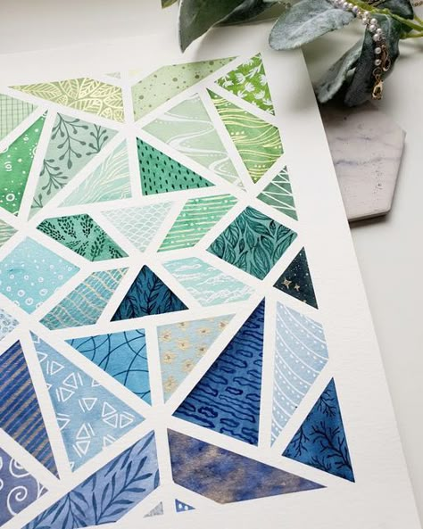 Emily Shaw on Instagram: "THROWBACK THURSDAY! I continually find myself drawn back to this one. Perhaps it's the calming colors? The symmetry? What is your favorite part about it? #watercolor #watercolorart #watercolorillustration #geometricpainting #geometricart #geometric #geometricwatercolor #aquarelle #aquarellepainting #abstractpainting #femaleartist #aquarelle #watercolorpainting #artprocess #artistlife #artistoninstagram #eclipseofemilyart #throwbackthursday #throwback" Watercolor And Tape Art, Watercolour Geometric, Watercolor Washi Tape Art, Tape Watercolor Art, Patterns With Watercolor, Watercolor Geometric Pattern, Watercolor Geometric, Watercolor Zentangle, Geometric Watercolor Painting