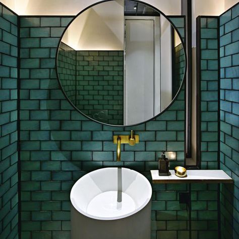 Bathroom Tiles Dark Grout, Hecker Guthrie, Green Tile Bathroom, Green Tiles, Black Grout, Coloured Grout, Bar Design Awards, Whisky Bar, Bathroom Color Schemes