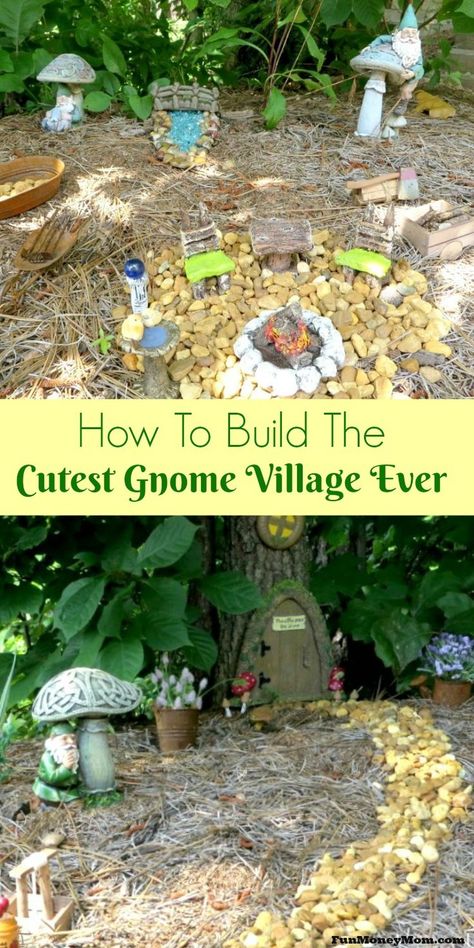 Want to create the best gnome village ever? With a few craft materials and a little creativity, you can have a fun little gnome home in your own back yard. Diy Gnome Garden, Gnome Village, Diy Gnome, Fairy Tree Houses, Fairy Village, Fairy Garden Designs, Fairy Garden Crafts, Faeries Gardens, Fairy Tree