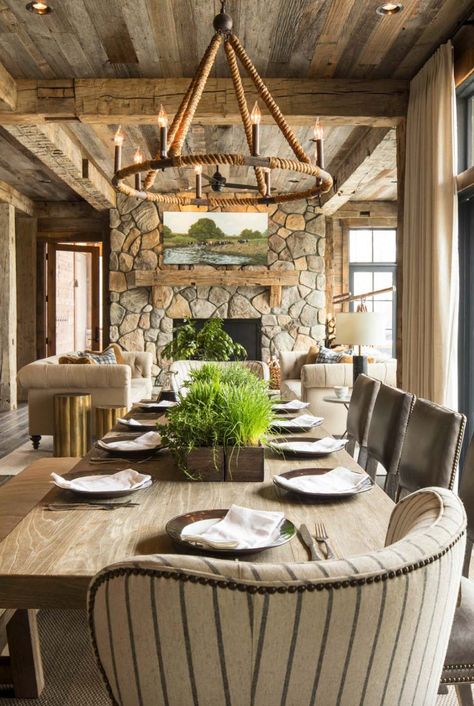 Rustic Lake House - Martha OHara Interiors - chandelier fro Currey and Co. Modern Classic Interior Design, Rustic Chandeliers, Rustic Lake Houses, Modern Classic Interior, Country Dining Rooms, Rustic Dining Room, Classic Interior Design, Rustic Home Design, Home Fireplace