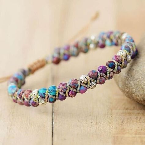 #bracelets #bead #beadedbracelets #DIY #handmade #jewelry #gemstones Purple Jasper, Healing Gemstone Bracelets, Energy Bracelets, Beaded Wrap Bracelets, Beaded Wraps, Purple Stones, Bead Leather, Leather Wrap Bracelet, Nature Bracelets