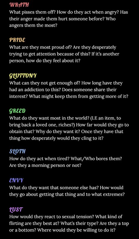 Seven Deadly Sins As Characters, What Are The Seven Deadly Sins, Seven Deadly Sins Writing Prompt, How Many Characters Should Be In A Novel, Scene Prompts Creative Writing, How To Write A Scene In A Book, Fantasy Creative Writing Prompts, Get To Know Your Character Writing Prompts, Scenes For Writing