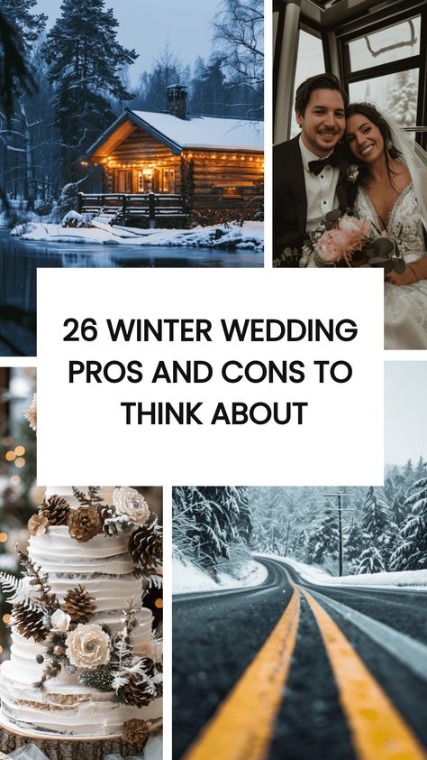 Winter weddings can be incredibly magical and romantic. The season offers unique opportunities for stunning backdrops, cozy settings, and creative themes that are hard to replicate at any other time of the year. But there are also cons to winter weddings! Here are 26 Winter Wedding Pros And Cons To Think About. Washington Winter Wedding, Winter Backyard Wedding, Winter Wedding Reception Ideas, Eloping Ideas, Forest Wedding Decorations, Cozy Winter Wedding, Winter Wedding Destinations, Winter Mountain Wedding, Snowy Wedding