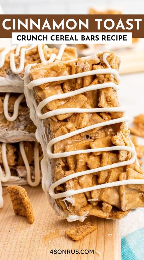 Cinnamon Toast Crunch cereal bars give Rice Krispie treats an upgrade simply by switching out the base. These bars make a perfect lunchbox treat for the kids. #breakfast #cereal #recipe Cinnamon Toast Crunch Bars, Cookie Pancakes, Cereal Bars Homemade, Unhealthy Recipes, Squares Recipes, Cinnamon Toast Crunch Cereal, Cereal Bars Recipes, Breakfast Cereal Bars, Chocolate Melts