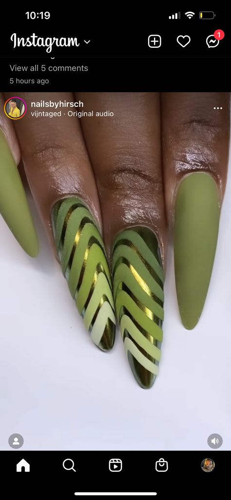 Nails Green Matte, December Nails Green, Cerulean Nails, Olive Almond Acrylic Nails, Olive Green Nails Acrylic Long, Matte Olive Green Nails With Gold, Long Almond Nails Olive Green, Olive Green Nails Designs, Olive Coffin Acrylic Nails