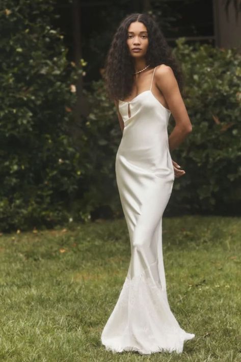 Elegant silk wedding maxi dress with a scoop neckline and criss-cross, spaghetti straps 24th Birthday Dress, Wedding Slip Dress, 20th Birthday Photoshoot, 2023 Wedding Trends, Sustainable Wedding Dress, Slip Wedding Dress, Anniversary Photo Shoot, Wedding Dress Brands, Carolyn Bessette