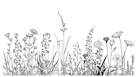 Beautiful wild flowers in the field hand... | Premium Vector #Freepik #vector #grass-illustration #branch #grass-flower #floral-illustration Border Sketch, Grass Drawing, Wildflower Drawing, Wildflower Tattoo, Flower Line Drawings, Grass Flower, Hand Drawn Vector Illustrations, Flower Sketches, Small Tattoos For Guys