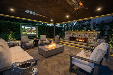 Beautiful Patio Designs With TVs And Cozy Furniture Outdoor Tv Patio, Outdoor Tv Ideas, Patio Yard Ideas, Patio Tv, Living Space Design, Patio Remodel, Tv Ideas, Outdoor Living Space Design, Outdoor Covered Patio