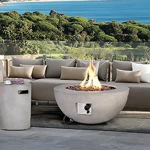 lovamsal 31.5 Inch Outdoor Propane Fire Pit Coffee Table Gas Firepit 2-Piece 50,000 BTU Gas Concrete Round Burner Tank Cover Fire Table with Lid for Garden Pool, Backyard-31.5" Grey Fire Pit Coffee Table, Outdoor Propane Fire Pit, Propane Fire Pit, Fire Table, Garden Pool, Gas Firepit, Firepit, Propane, Fire Pit