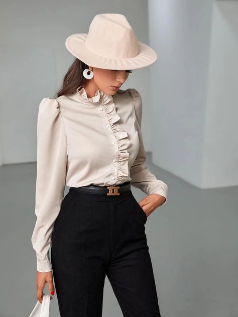 Plain Shirt, Ruffle Trim, Puff Sleeve, Blouses, Trim, Collar, Long Sleeve, Pants, Trousers