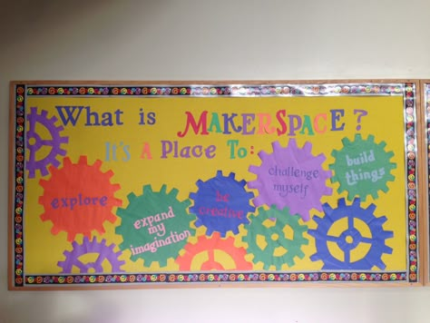 Elementary Library Makerspace Bulletin Board Makerspace Bulletin Board, Stem Bulletin Boards, Makerspace Elementary, Library Makerspace, Makerspace Library, Library Media Specialist, Library Media Center, Elementary School Library, Library Bulletin Boards