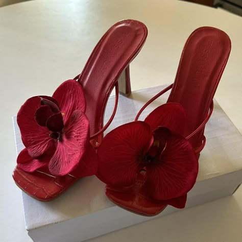 Tissimum Orchid Heels Red - Unworn size 24 Handmade... - Depop Diy Heels, Heels Slippers, Red Orchids, Flower Heels, Cheap Womens Fashion, Green Orchid, Dr Shoes, Heels Red, Slippers Summer