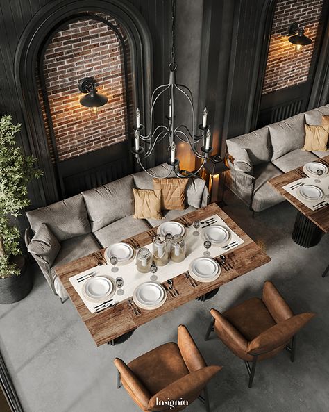 Wood And Stone Restaurant, Restaurant Interior Design Industrial, Barn Restaurant, Insignia Design, Luxury Restaurant Interior, Bar Lounge Design, Pizzeria Design, Dark Interior Design, Restaurant Design Inspiration