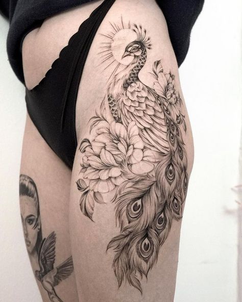 MIRIAM | Fine line tattoos on Instagram: “Peacock and camellias 🔥 #tattoos #tattooideas #tattooartist #finelinetattoo #peacocktattoo #floraltattoos #tattoosforgirls #inkedmag…” Peacock Tattoo Sleeve, Peacock Tattoo, Floral Tattoo Sleeve, Thigh Tattoos Women, Cover Up Tattoo, Hip Tattoo, Fine Line Tattoos, Line Tattoos, Fine Line