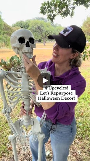 4 Upcycles! Let’s Repurpose Halloween Decor! 🎃 | 4 Upcycles! Let’s Repurpose Halloween Decor! 🎃 #Halloween  #halloweendecour  #upcycledhalloween | By Sarah Teresinski | It's time for an upcycle. Let's
repurpose some halloween decor. Check it out. Start with some
paint. Faux flowers and some skeletons that I already had
are going to get new life with some matte black spray paint.
This is my favorite bare matte black spray paint. I'm going to
give a good coat to the flowers. Then I'm going to take
my big white skeletons and I'm going to zip tie them to these
old tiki torch holders that I have. Give these skeletons a
good coat of matte black paint as well. And the reason I'm
doing this is because my house is why brick ranch. And you
really can't see the skeletons up against it. So I really Sarah Teresinski, Dresser Flips, Matte Black Spray Paint, Brick Ranch, Black Spray Paint, Tiki Torches, Diy Dresser, Thrift Flip, Halloween Deco