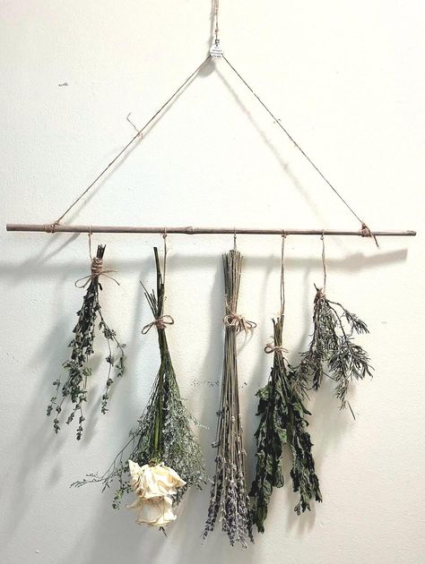 Air dried flowers and herbs hung on a hand made bamboo drying rack. Purchase does not include flowers and herb shown. No glue used, simply add your herbs to the rack with the simple loop and pull twine design! Bamboo sticks range from approximately 10 in - 14 in Hang Herbs In Kitchen, Dried Herb Decor, Apothecary Bedroom, Herb Drying Rack, Herb Rack, Hanging Herbs, Halloween Decorations Diy Outdoor, Kitchen Herbs, Summer Mantle Decor