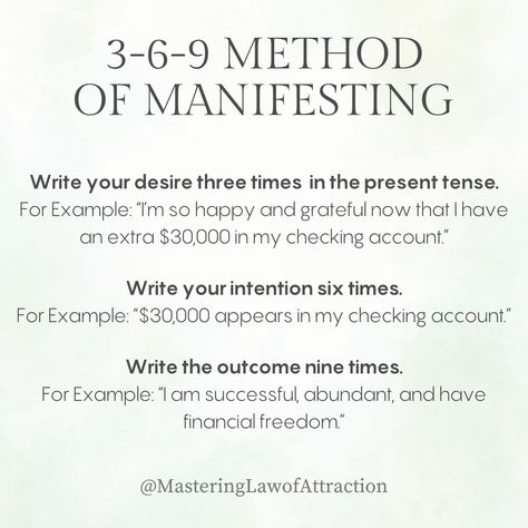 Have you tried the 3-6-9 method for manifesting? Follow the steps, and repeat for 30 days. Then let go, and trust that The Universe will provide 🙌 3 6 9 Manifestation Method, 3 6 9 Method, Checking Account, The Law Of Attraction, Money Affirmations, 2024 Vision, Have You Tried, Achieve Your Goals, Let Go