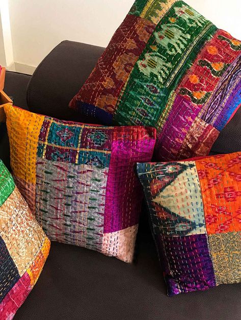 Kantha Pillow Covers, Silk Patchwork, Bohemian Throw Pillows, Kantha Cushions, Round Floor Pillow, Silk Cushions Covers, Handmade Cushion Covers, Couch Cushion Covers, Cushion Cover Designs