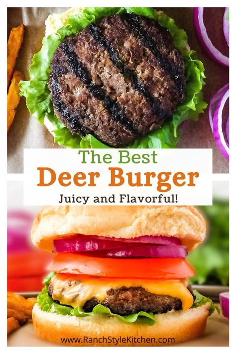 Grilled venison burger patty laying on top of the bottom half of a hamburger bun. Deer Jerkey, Deer Burger Recipes, Ranch Style Kitchen, Ground Venison Recipes, Backstrap Recipes, Deer Steak, Meal List, Elk Recipes, Venison Meat