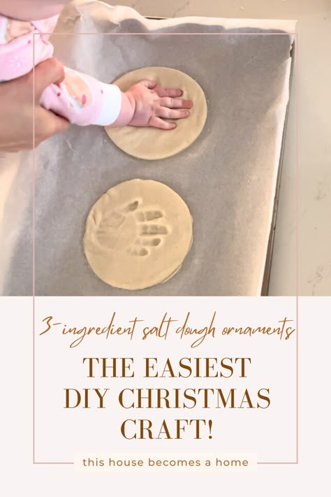 Salt dough ornaments are a fun and easy way to create personalized decorations for your home. Making handprint ornaments is a great way to capture a moment in time and create a lasting memory. Check out my blog for a simple recipe to make salt dough handprint ornaments. Dough Handprint Ornament, Salt Dough For Handprints, How To Make Hand Print Ornaments, Salt Dough Hand Print Christmas Ornaments, Salt Dough Hand Prints, Newborn Salt Dough Ornament, Saltdough Diy Kids, Easy Handprint Ornaments, Making Salt Dough Ornaments