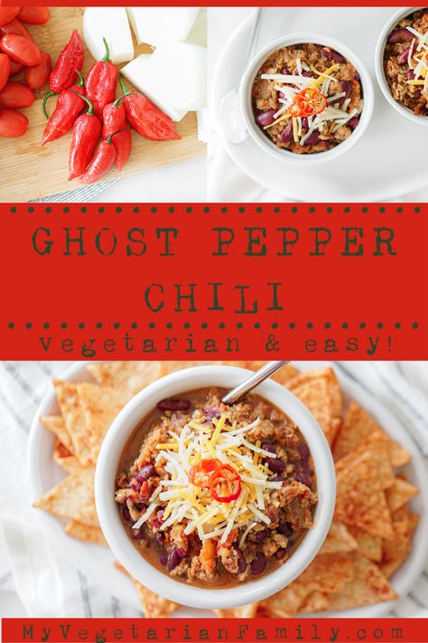 Ghost Pepper Chili Recipe, Recipes With Ghost Peppers, Habanero Chili Recipe, Ghost Pepper Recipes, Spicy Vegetarian Chili, Slow Cooker Chili Recipe, Chili Toppings, Lentil Chili, Pumpkin Chili