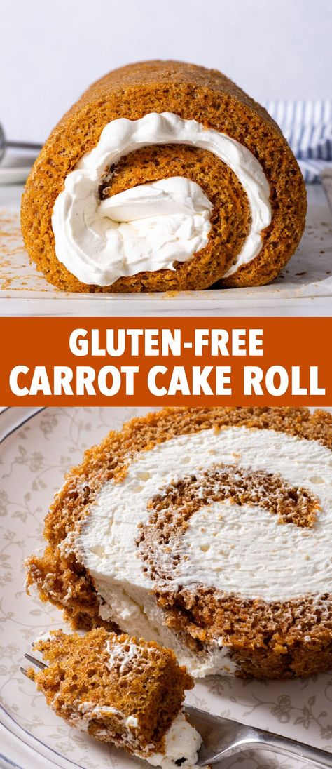 Gluten Free Carrot Cake Roll - This gorgeous gluten free carrot cake roll combines a soft and moist spiced carrot cake sponge with a light, fluffy cream cheese filling. It’s packed full of flavour and incredibly easy to make – and even though it’s gluten free, it rolls up beautifully to give a perfect swirl without any cracking whatsoever. Easter dessert ideas. Gluten free dessert recipes. Gluten free Swiss roll. Cream cheese frosting. Easter recipes. Gluten free cakes. Carrot Cake Roll, Gluten Free Easter, Carrot Spice Cake, Gluten Free Carrot Cake, Cake Roll Recipes, Sweet Carrot, Cream Cheese Frosting Recipe, Gluten Free Desserts Recipes, Carrot Cake Recipe