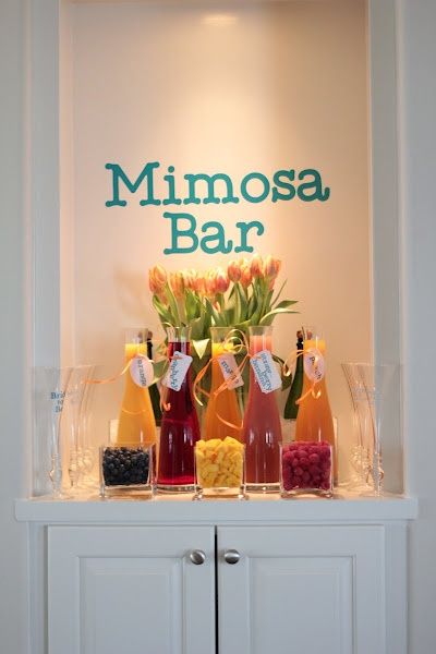 Mimosa and "Pregatini" Bar for Baby Shower. I am all over it! Great idea! Drink Bar, Mimosa Bar, Party Menu, Easter Brunch, Morning Wedding, Here Comes The Bride, A Bar, Mimosa, Fun Drinks