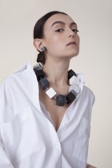 - Memphis - S/S 2016 Ph- Merav Ben Loulou​  Ph assistant- Amit Shemesh​   Hair & MA- Yifat Ohayon​  Model- Valeria Laichtman​   Digital- Irmi Arieli​ #yaelkeilasagistatementjewelry #fashionjewelry #statementjewelry #fashion #blackandwhite #marble #wood Handmade Statement Necklace, Geometric Bracelet, Large Bracelet, Marble Wood, Large Necklace, Wooden Bracelet, Slow Fashion Brands, Unusual Earrings, Wooden Necklace