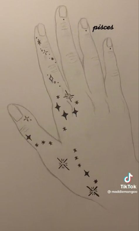 maddiemangoo on TikTok Sparkle Tattoo, Henna Inspired Tattoos, Pisces Constellation, Hand And Finger Tattoos, Henna Art Designs, Hand Doodles, Petite Tattoos, Cute Little Tattoos, Dope Tattoos For Women