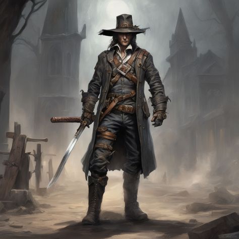 Van Helsing mercenary with lond straight sword by hajdi - Playground Van Helsing Character Design, Abraham Van Helsing Art, Warhammer Witch Hunter, Dnd Witch Hunter, Aasimar Gunslinger, Witch Hunter Art, Van Helsing Art, Cowboy Costume Ideas, Van Helsing Aesthetic