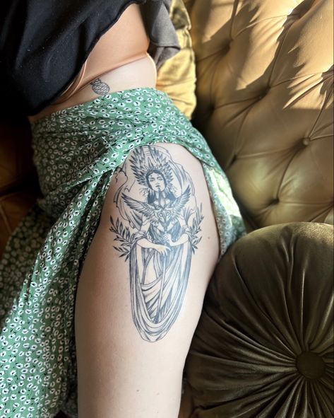 Greek mythology tattoo, lady tattoo, Athena tattoo, Athena artwork, St. Louis tattoo artist, thigh tattoos for women, black and grey tattoo, Greek myth, tattoo  photography, tattoo aesthetic Nemesis Tattoo, Arch Nemesis, Tattoo Artist, Realism, St Louis, Tattoo Artists, Arch, Instagram Photos, Photo And Video