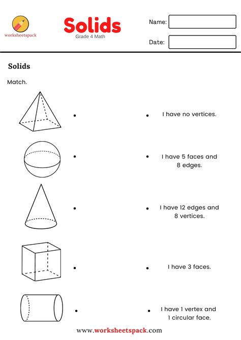 The students will practice the solids with this free worksheet. Grade 4 Worksheets, Grade 4 Math, Surface Area And Volume, Grade 5 Math Worksheets, Math Fractions Worksheets, Shape Worksheets For Preschool, Maths Worksheet, Geometry Shapes, 3rd Grade Math Worksheets