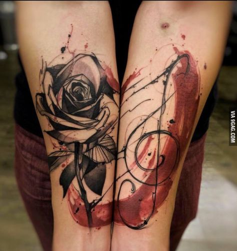 Rose - treble clef - water color - black and red tattoo Tatuaje Trash Polka, Tatoo 3d, Trash Polka Tattoo Designs, Tattoo Trash, Polka Tattoo, Music Tattoo Designs, Trash Polka Tattoo, Tattoo Zeichnungen, Geniale Tattoos