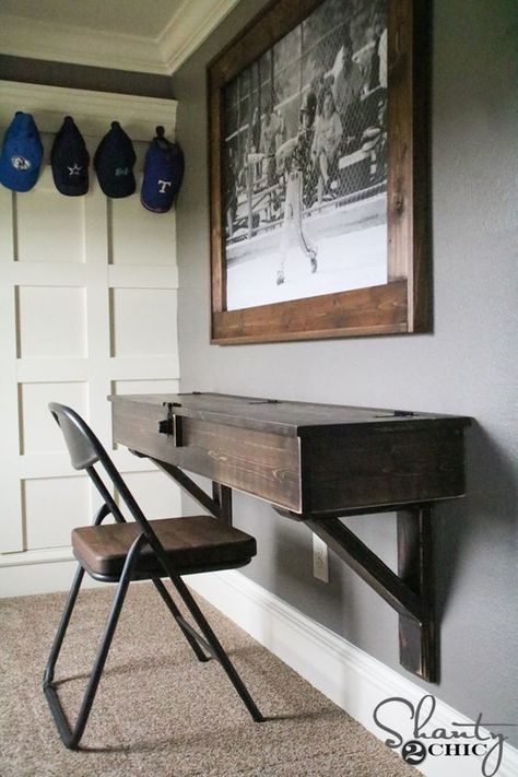 Hey there! Join us on Instagram and Pinterest to keep up with our most recent projects and sneak peeks! We're coming to YouTube soon! Make sure to subscribe to our channel! Hey guys! I’m back to share one of the latest pieces that I have built for my sons room! He has this really cool … Diy Bedroom Desk Ideas, Small Wall Mounted Desk, Wall Mounted Desk With Drawers, Vintage Floating Desk, Diy Wall Desk With Storage, Floating Desk Brackets, Floating Writing Desk, Diy Floating Desk With Drawers, Diy Floating Desk Wall Mount